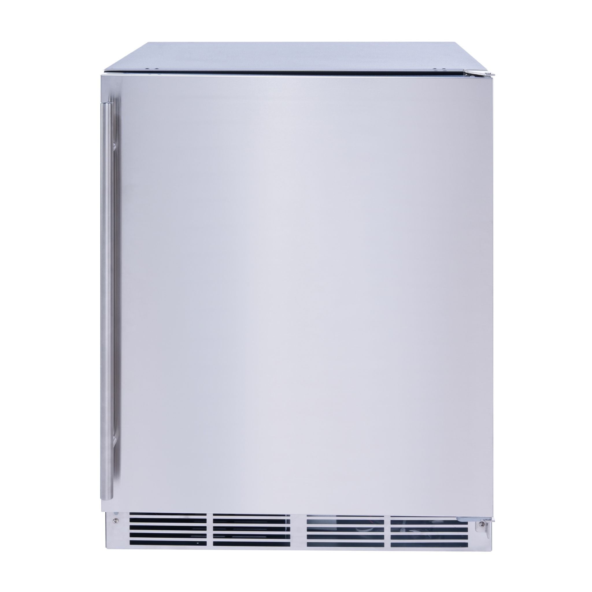 noriota nuropss, stainless steel undercounter refrigerator on a white background, front view