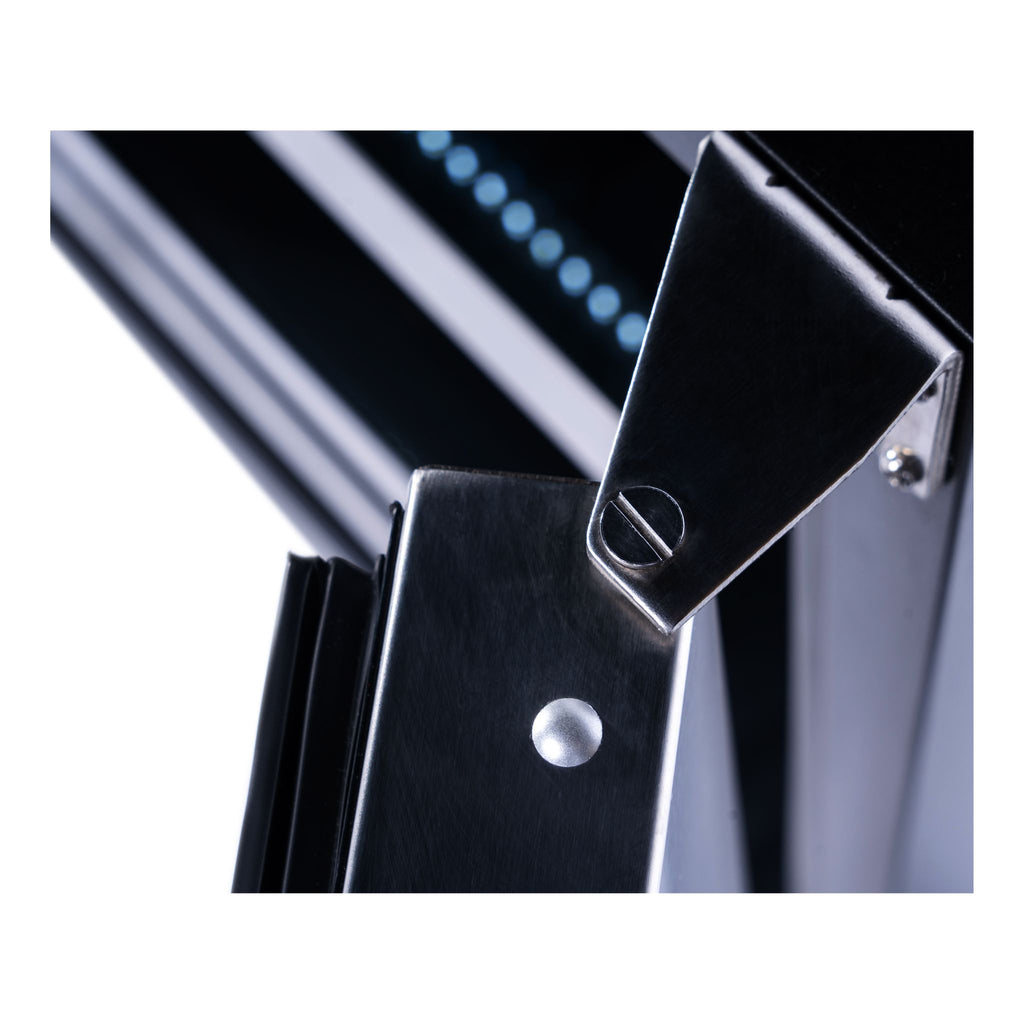 noriota nuropss, stainless steel undercounter refrigerator close up of door hinge