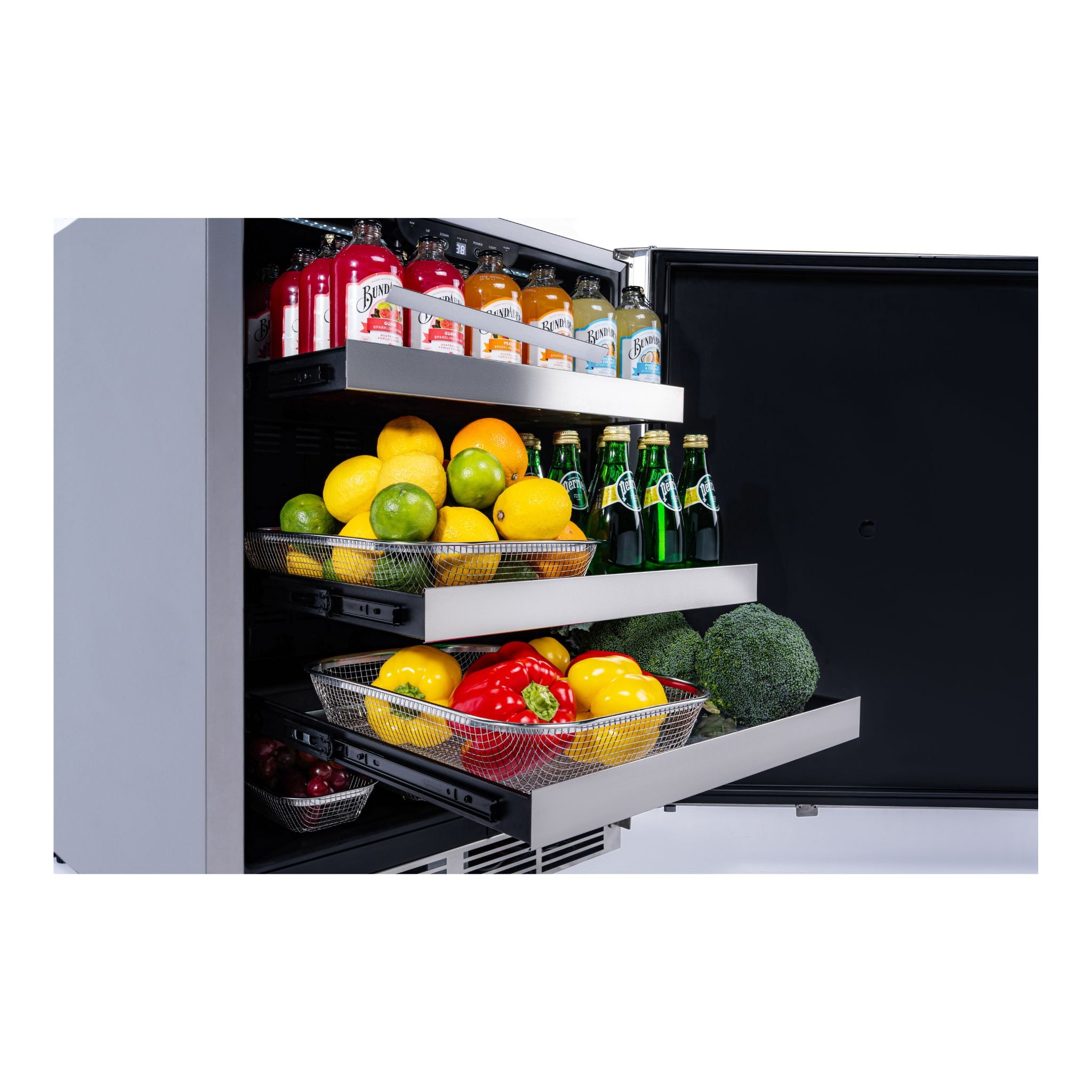 noriota nuropss, stainless steel undercounter refrigerator open refrigerator with food items including fruits, vegetables, and drinks on a white background
