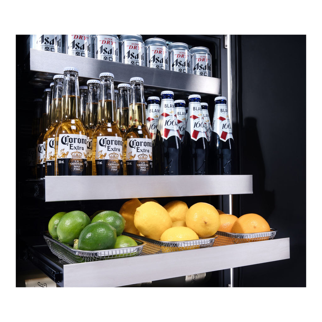 noriota nuropss, stainless steel undercounter refrigerator close up with shelves extended out