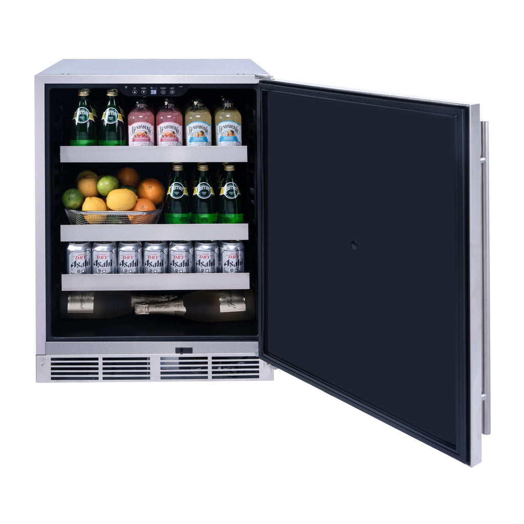 noriota nuropss, stainless steel undercounter refrigerator door open filled with various products