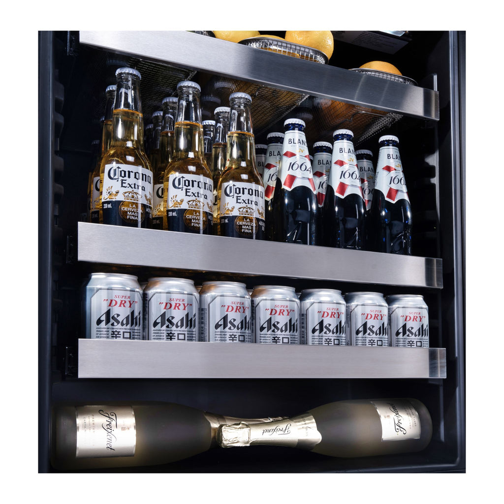 noriota nuropss, stainless steel undercounter refrigerator close up of shelves filled with products