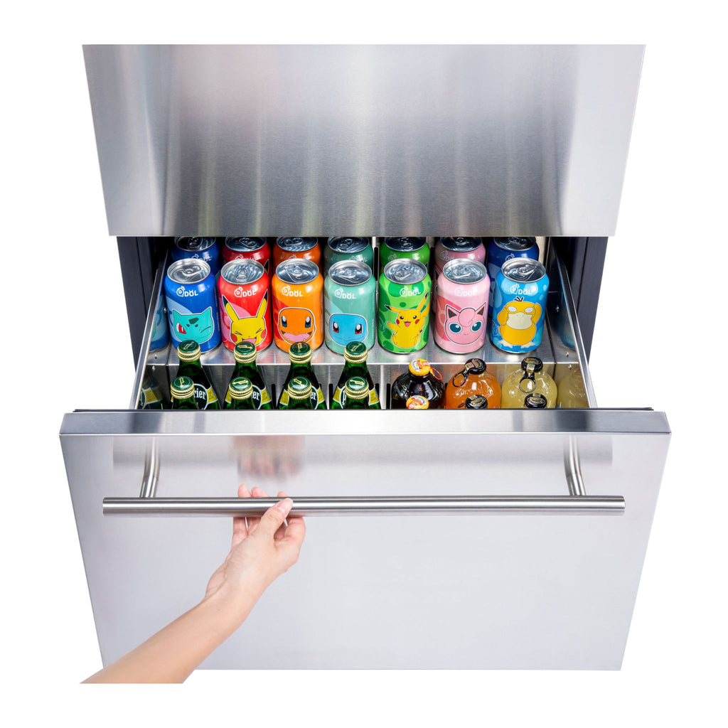 noriota nur24dopss 2 drawer refrigerator, bottom drawer open filled with various items