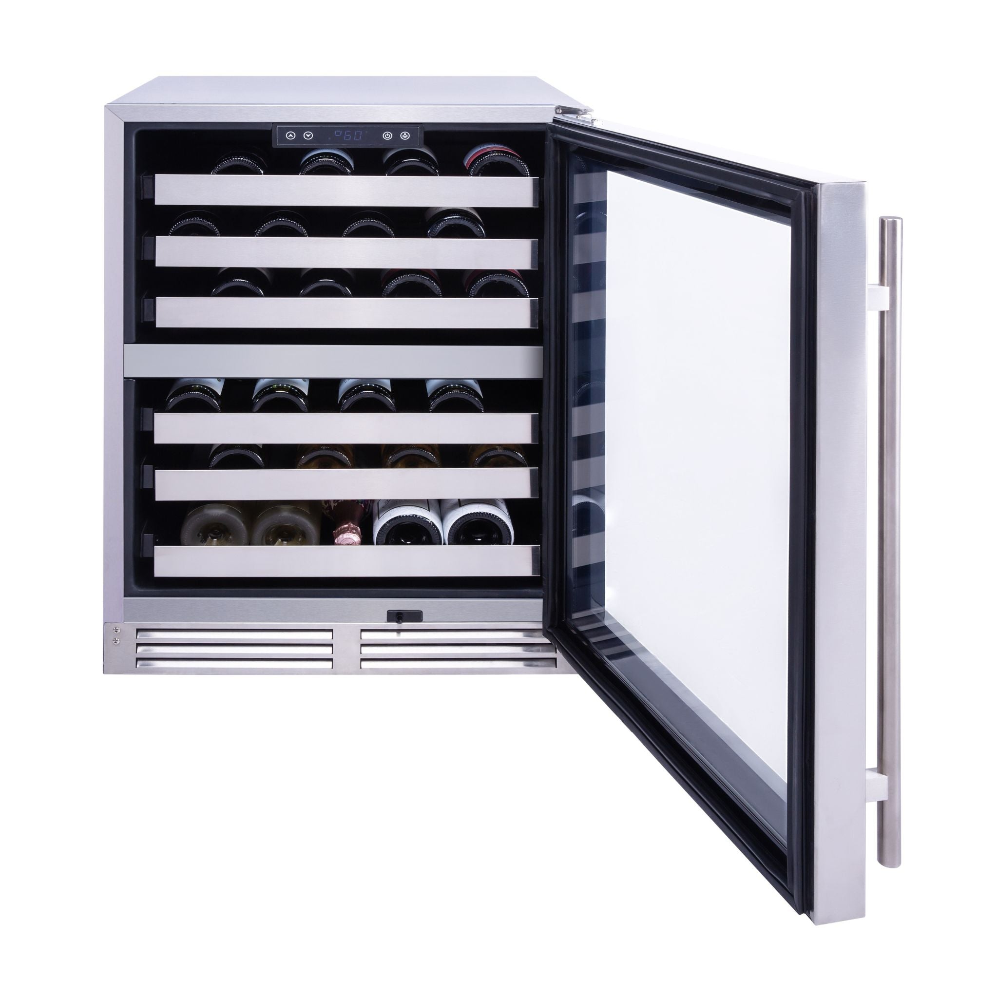 noriota nuwc24dzopss wine cooler door open filled with wine