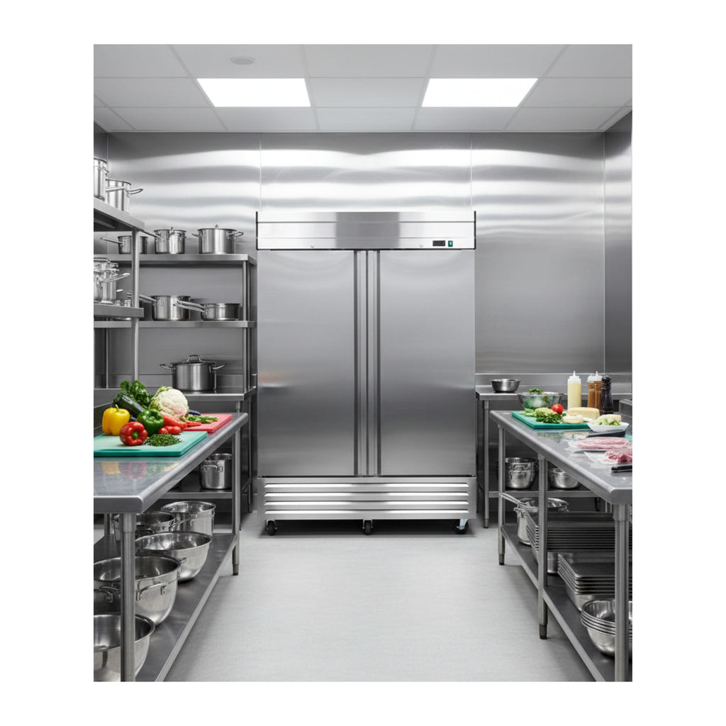 noriota nr49 two door front view stainless steel commercial refrigerator lifestyle image commercial kitchen