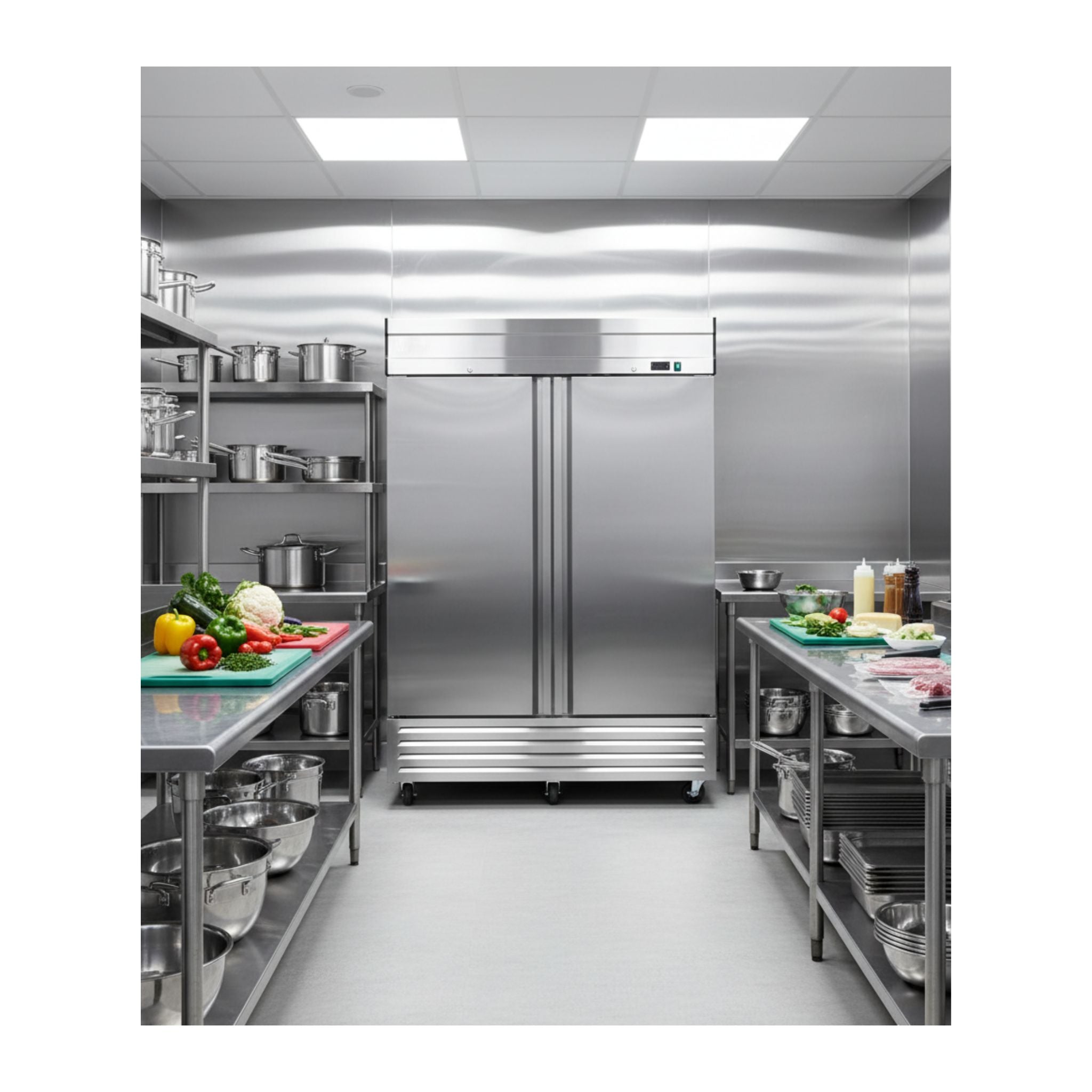 noriota nr49 two door front view stainless steel commercial refrigerator lifestyle image commercial kitchen